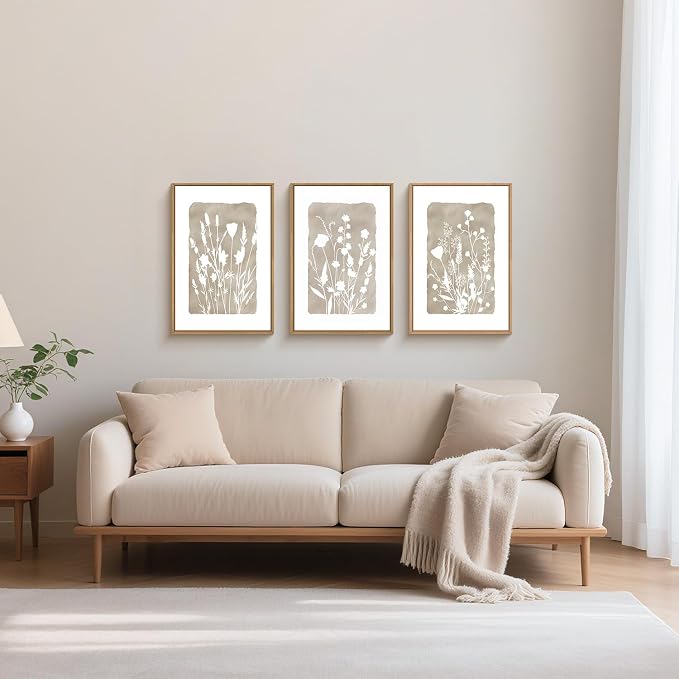 FWIEXA Neutral Botanical Canvas Wall Art Set 3, Minimalist Boho Wildflowr Framed Prints, Beige Floral Paintings, 24x36In Rustic Plant Artwork Poster for Farmhouse, Gift, Living Room, Bedroom, Office