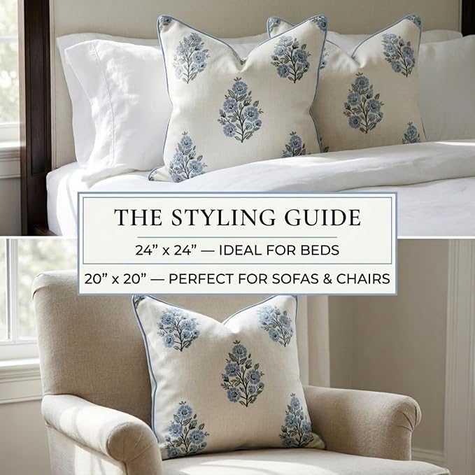 “The Camille” Decorative Pillow Cover – Blue & Whitel Floral Block Print Pillow Cover – Grandmillennial Home Decor, 24" x 24"