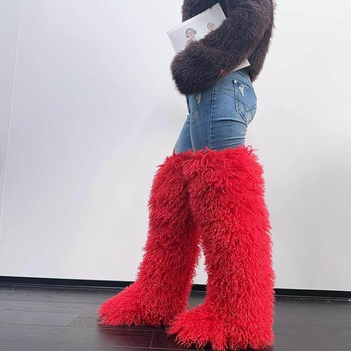 SWEETHEART BEAUTY Thigh High Shagy Teddy Fur Boots, 29 Inch Over the Knee Length Fluffy High Boots, Tall Furry Shoes For Women