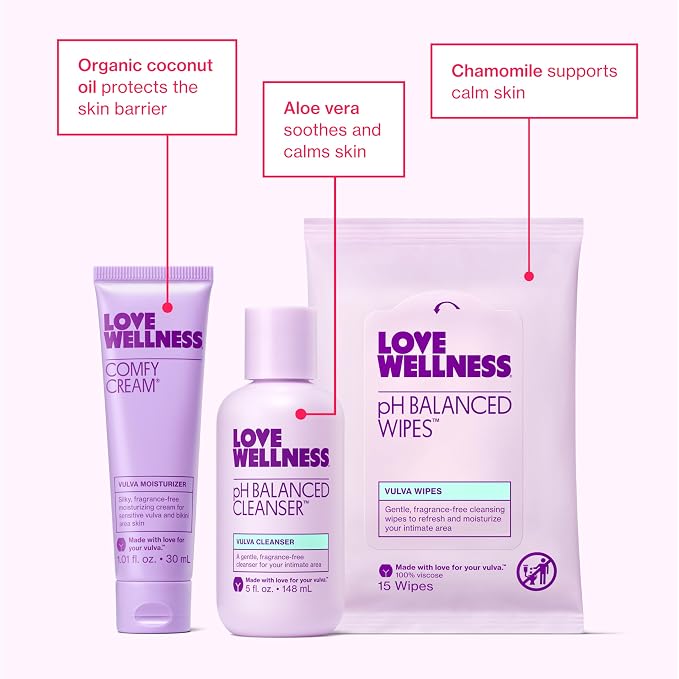 Love Wellness Skincare for Down There Bundle | Gentle pH Balanced Cleanser, Moisturizing Comfy Cream & Refreshing Wipes | Feminine Care for pH Balance, Dry & Sensitive Vulva | Fragrance-Free
