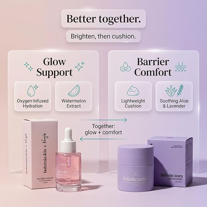 Kay’s Glow Serum + Infinite Aura Moisturizer – Oxygen-Infused THDA Vitamin C with Gentle AHA for Face and neck | Hydrates, Soothes and Brightens Bundle