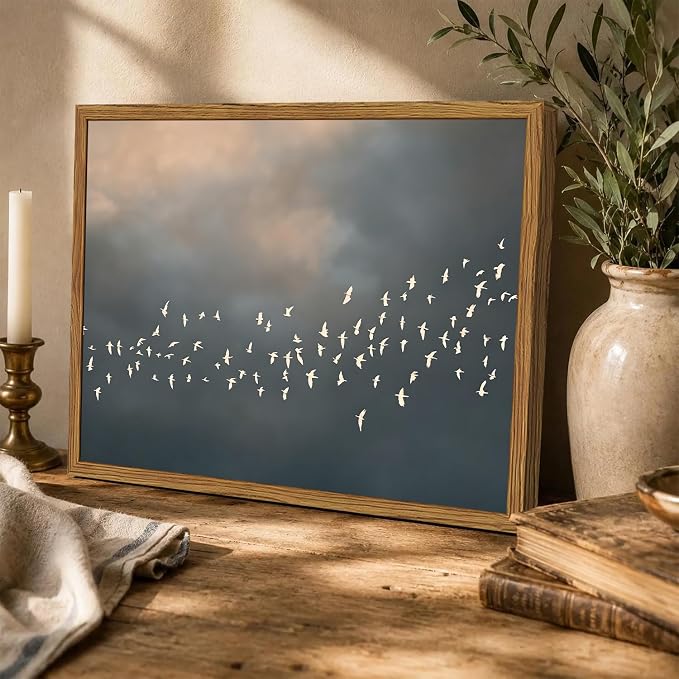 Framed Vintage Flying Bird Canvas Wall Art, Minimalist Abstract Flock of White Birds Pictures Wall Decor, Rustic Nature Wildlife Paintings Prints for Living Room Bedroom Bathroom 16x24 inch