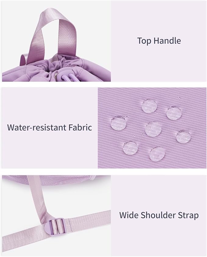 WANDF Drawstring Backpack for Women, Lightweight Gym Bag with Yoga Mat Strap, Water-Resistant String Backpack with Mesh Pocket (Purple, Patent Pending)