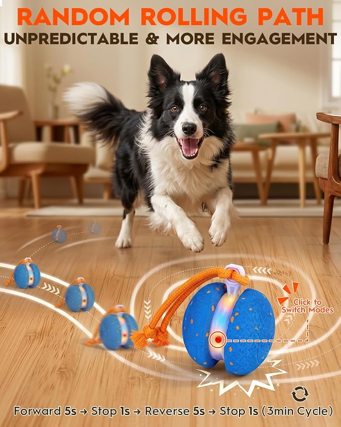 Xeuch Interactive Dog Toys, Automatic Irregular Moving and Rolling Dog Ball | 2 Speed Modes, E-TPU Material, Motion Activated Pet Toys with Rope for Dogs Puppies, Dog Stimulation Toy Blue