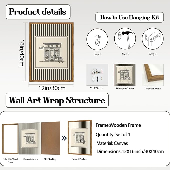Vintage Striped Bookshop Wall Art, Retro Black and White Pictures Wall Decor College Minimalist Canvas Prints Paintings for Bathroom Bedroom Living Room 12x16 inch Framed