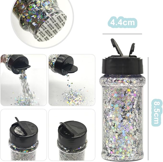 Silver Holographic - Craft Glitter - 2oz Glitter Shaker Bright Colorful Mix Chunky Body Glitter Bulk - 24 Colors in Shaker, Cosmetic Grade Glitter - EBKC23