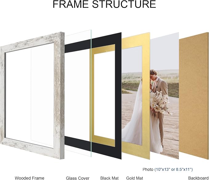 Hongkee 10x13 Picture Frame Set of 4, Made of Real Glass and Distressed White Frame, 10 by 13 Photo for Wall or Tabletop - Display Picture 8.5x11 with Mat or 10x13 Without Mat