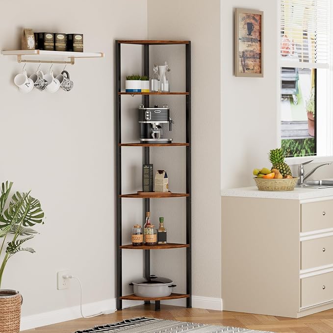 6 Tier Corner Shelf with LED Light, 67.5" Corner Narrow Bookshelf | Tall Standing Shelf Organizer, Storage Rack for Wall Corner, Living Room, Bedroom, Metal Frame, Wood Display Shelf