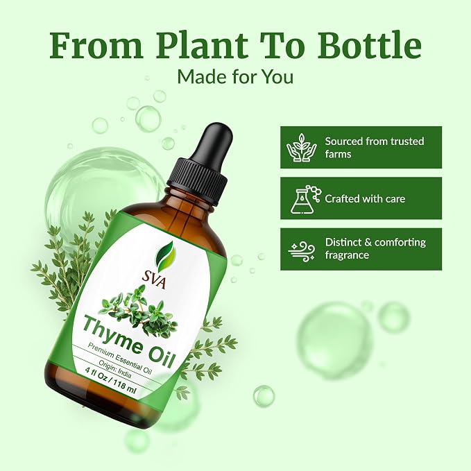 SVA Thyme Essential Oil 4 Fl Oz – for Diffuser, Skin & Hair Care – Ideal for Massage & DIY Blends – with Dropper