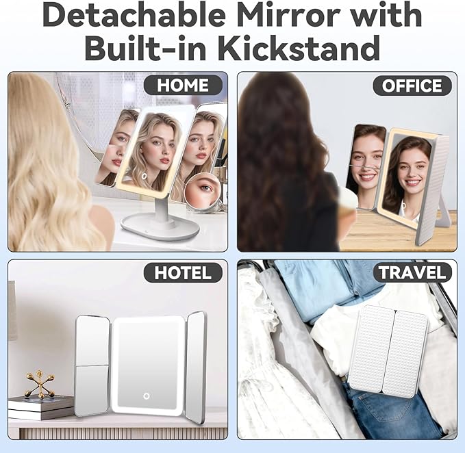 Makeup Mirror with Lights，Vanity Mirror with Lights 2X/3X/10X Magnification, Smart Sensor, Adjustable Stand & Brightness, Travel Makeup Mirror with Type-C Fast Charging 3-Colors, Gifts for Women Girls