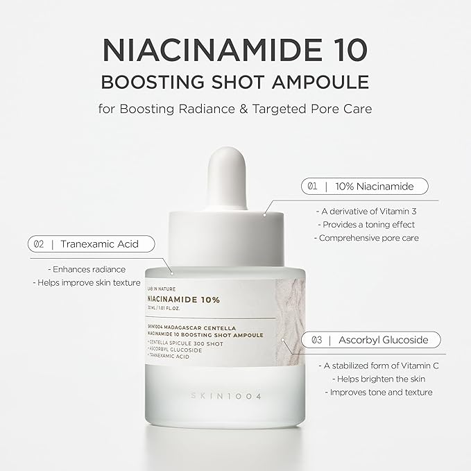 SKIN1004 Niacinamide 10% Boosting Shot Ampoule, Niacinamide Spicule Serum for Face, Facial Ampoule with Tranexamic Acid, Pore Minimizer for Face, Madagascar Centella, Korean Skin Care, 1.01fl.oz/ 30ml