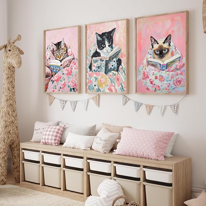 Cute Cat Reading Poster Set of 6 Funny Black Cat Book Lover Canvas Wall Art, Whimsical Animal Wall Decor Painting Prints Aesthetic for Nursery Kids Boby Room Bedroom Unframed 8x10 inch