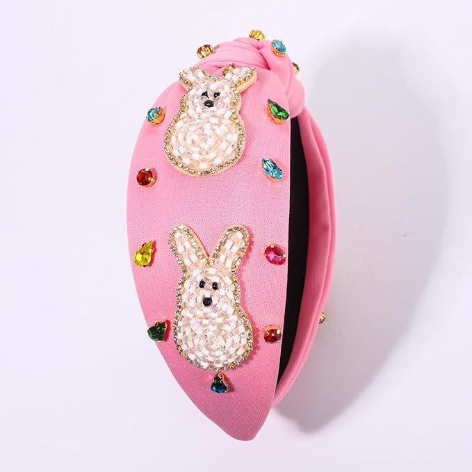 mokkia Easter Headbands Beaded Rabbit Bunny Headband for Women Pink Spring Knotted Headband Easter Hair Accessories Gifts