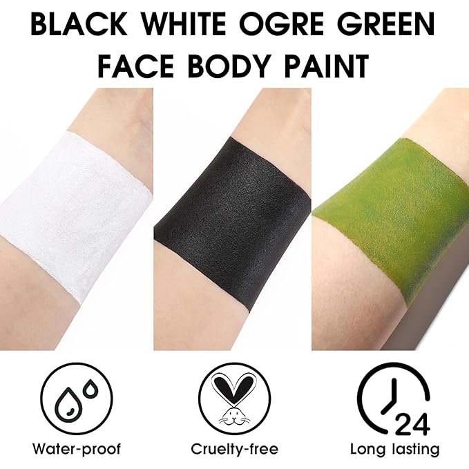BADCOLOR 3PCS Black White Orge Green Face Body Paint Stick Makeup for Frankenstein/Witch/Grinch/Hulk/Alien/Demon/Evil Clown SFX Cosplay & Dress Up, Full-Coverage Halloween Facepaint Makeup Kit