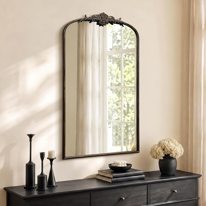 Besdomus Vintage Large Wall Mirror: 24"x42" French Black Arched Decorative | Antique Metal Framed Vanity Mirrors - Baroque Traditional Ornate for Hallway/Bath V/Fireplace - Ideal for Bath Remodeling