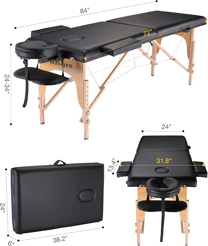 Professional Massage Table Portable Massage Bed for Spa Salon Tattoo Esthetician Lash Reiki, Adjustable Height 84" Long & 500 LBS Load Capacity, Black (2-Section)