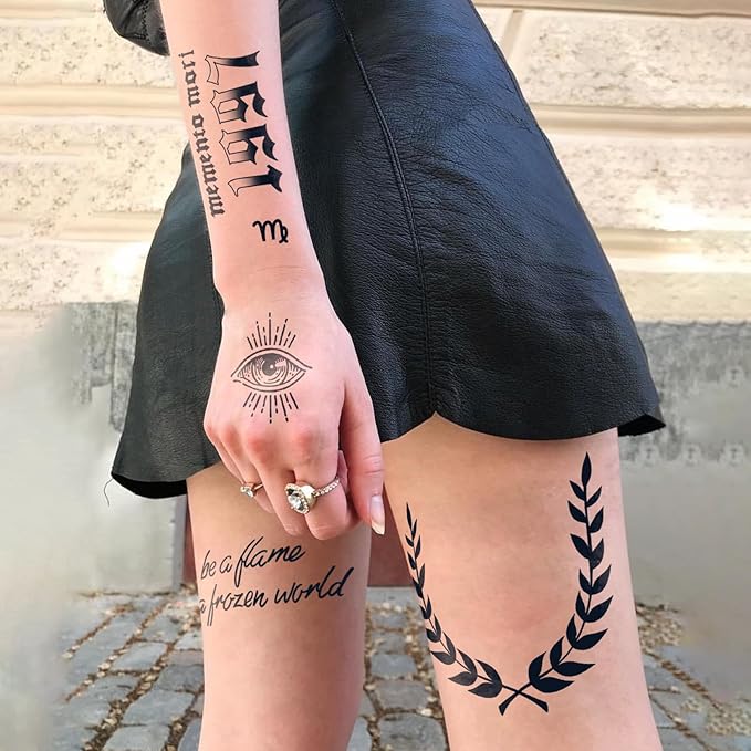 Semi Permanent Tattoo for Men, 2 Sheets Cool Tattoos(memento mori), Lasts 7-15 Days, Develops Fully in 48H, Realistic, Waterproof and Non-Reflective, for Arm Leg
