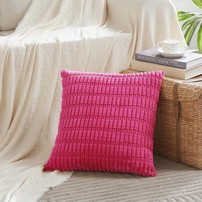 Fancy Homi 4 Packs Decorative Throw Pillow Covers for Living Room Couch Bed, Modern Farmhouse Boho Home Décor Accent Cushion Case, 18" x 18", Hot Pink