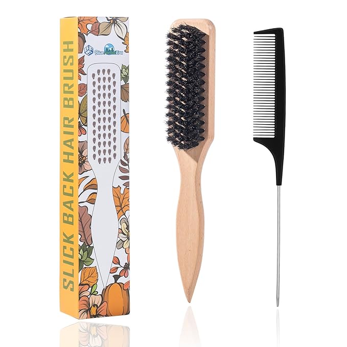 BlueForest Era Boar Bristle Slick Back Hair Brush Set, Wooden Styling Edge Control Brush for Sleek Ponytails Buns Updos, Teasing Hair Brush and Stainless Steel Tail Comb Suitable for All Styling