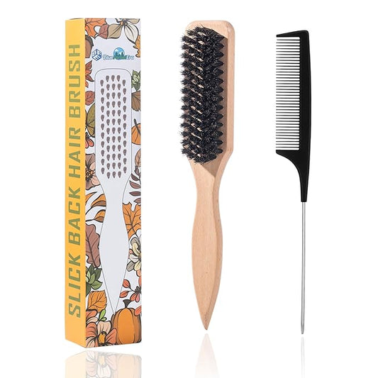 BlueForest Era Boar Bristle Slick Back Hair Brush Set, Wooden Styling Edge Control Brush for Sleek Ponytails Buns Updos, Teasing Hair Brush and Stainless Steel Tail Comb Suitable for All Styling