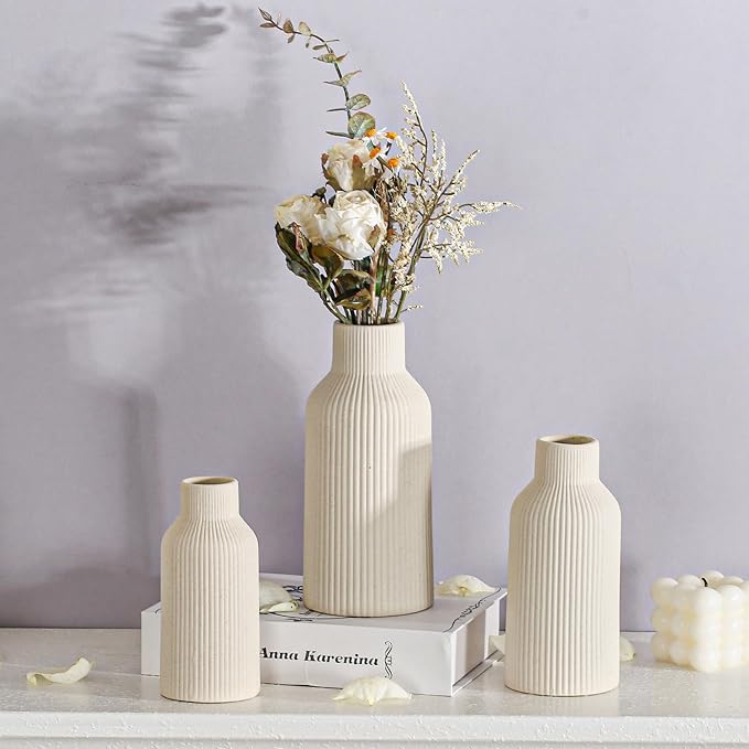 Bohemian Beige Ceramic Vase - for Pampas Grass, Mantel, Bookshelf, Entryway and Living Room Decor (Beige, 8in)