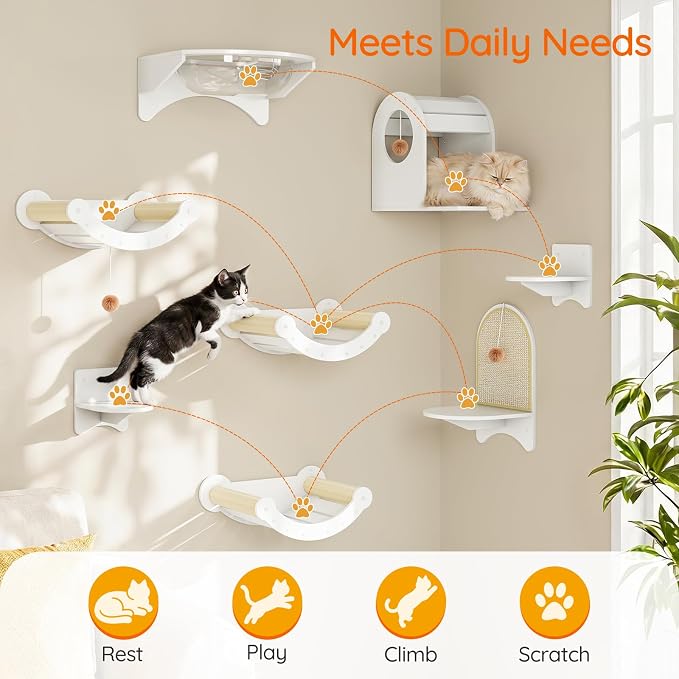 HOOBRO Wood Cat Wall Shelves for Large Cats, Wall-Mounted Cat Shelves and Perches, Cat wall Furniture Set with Cat House, Transparent Capsule Hammock, for Sleeping, Playing & Climbing, White WT48CS03