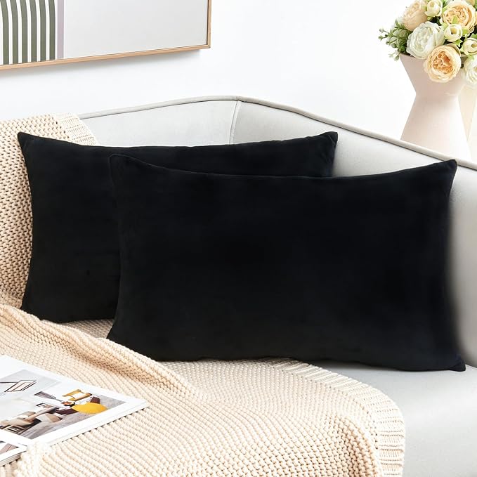 Throw Pillow Covers Decorative Velvet Set of 2 12x20 Inch Pillow Covers, Soft Black Lumbar Pillowcases for Couch Sofa Bed Living Room, Farmhouse Home Boho Decor, Accent Cushion Covers