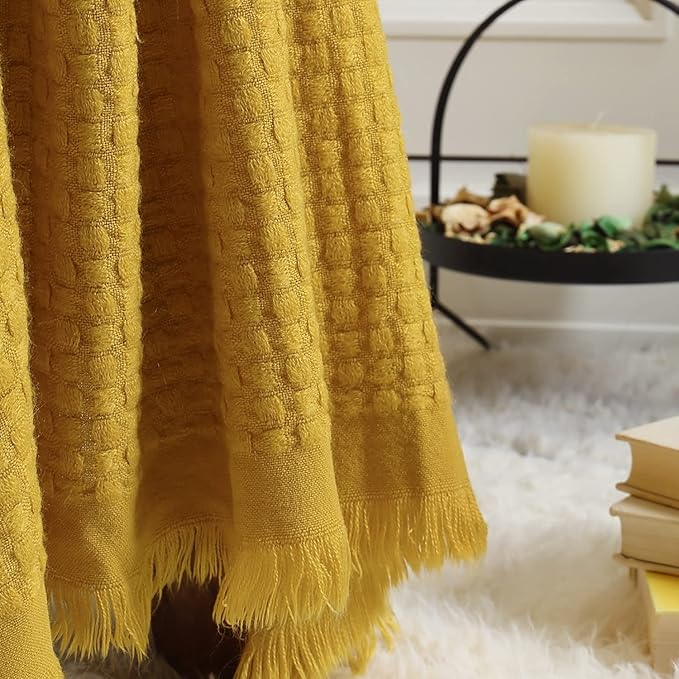 CREVENT Farmhouse Boho Knitted Throw Blanket for Couch Sofa Chair Bed Home Decoration, Soft Warm Cozy Light Weight for Spring Summer Fall (50''X60'' Mustard/Yellow)