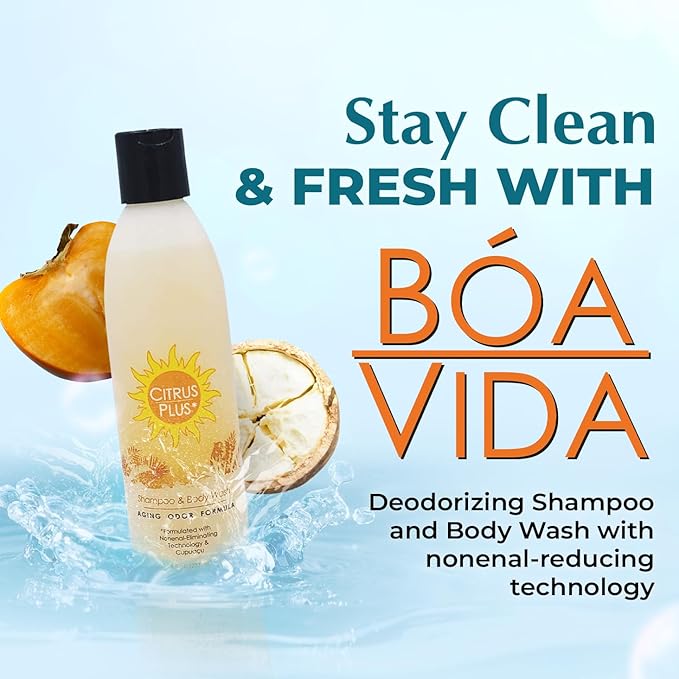 Deodorizing Citrus Plus Elder Shampoo and Body Wash by BoaVida with new leak-proof caps, Soap Made with Persimmon to Treat the Presence of Nonenal and Remove Old Person Smell, 8 oz