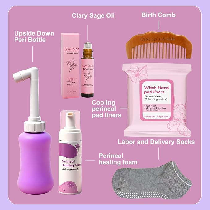 6 Pcs Labor & Postpartum Essentials Recovery Kit , Includes Labor Comb,Clary Sage Oil,Peri Bottle,24 Pad Liners, Perineal Soothing Foam,Socks,Hospital Bag Must Haves for New Mom