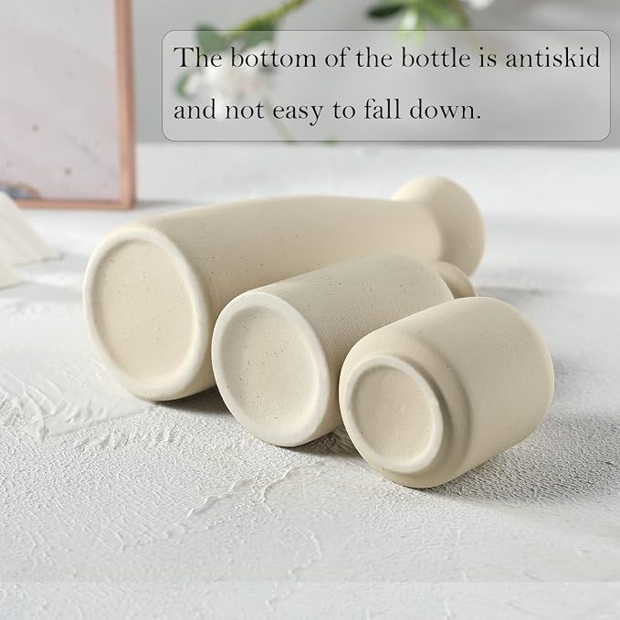 CEMABT Beige Ceramic vase Set-3 Small Flower vases for Decor,Modern Boho Farmhouse Home Decor,Decorative vase for Pampas Grass&Dried Flowers,idea Shelf,Table,Bookshelf ，Entryway- Distressed