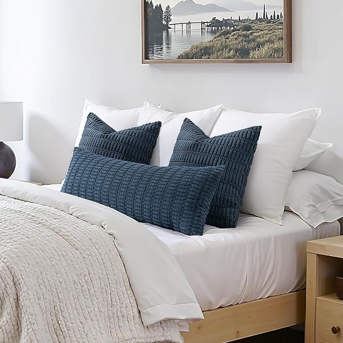 MIULEE Lumbar Corduroy Throw Pillow Cover for Bed 14x36 Blue Pack of 1 | Soft Long Decorative Cushion Cover Boho Farmhouse Accent Pillowcase Sofa Couch Livingroom Coastal Home Decor
