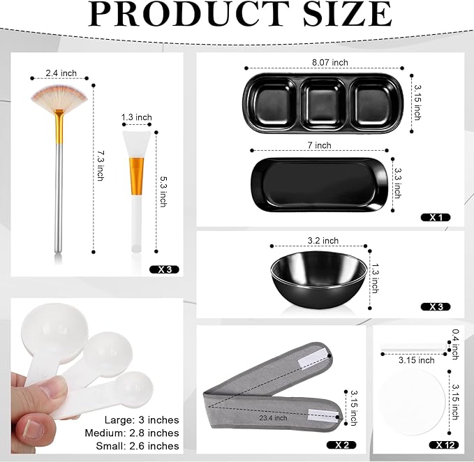 28 Black Facial Supplies 3 Facial Mask Mixing Bowls 3 Facial Fan Brushes 3 Mask Applicator Brushes 3 Mask Measuring Spoons Skincare Tray 3-Compartment Serving Tray 12 Facial Sponges 2 Spa Headbands
