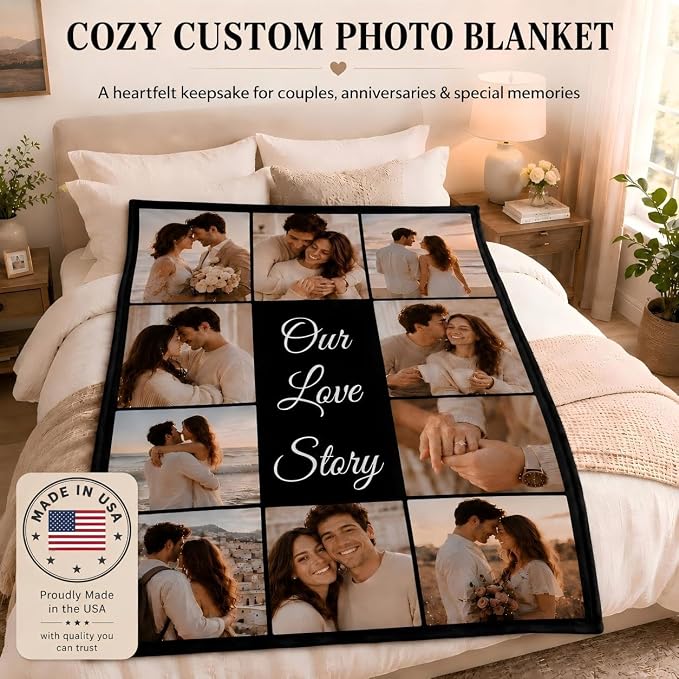 iDIY Custom Blanket with Pictures and Text, Made in USA, Ships Next Day, 10 Photo Collage Personalized Throw, Custom Photo Blanket Gifts for Couples & Family, Anniversary Birthday Valentine's Day