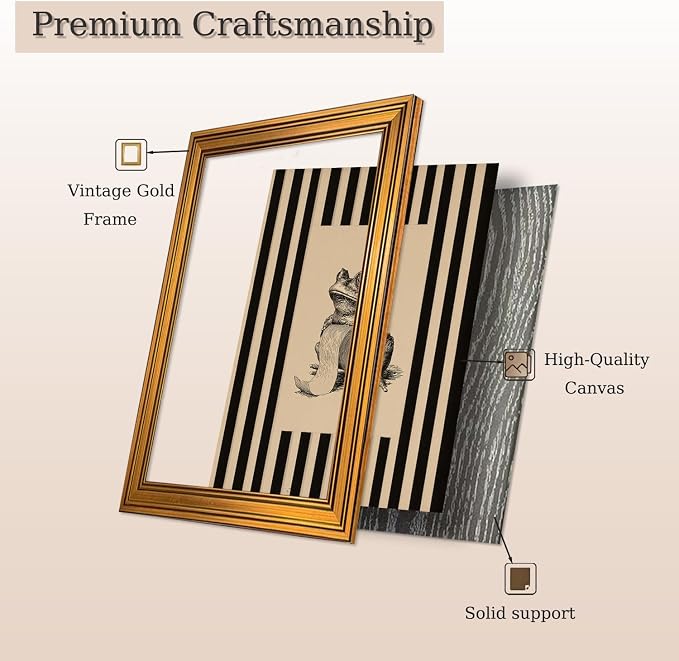 Funny Bathroom Gold Framed Wall Art Vintage Whimsical Frog Wall Decor Art | Black Beige Striped Picture Canvas Art Retro Animal Small Framed Prints Artwork For Vanity Shelf Restroom Toilet Powder Room