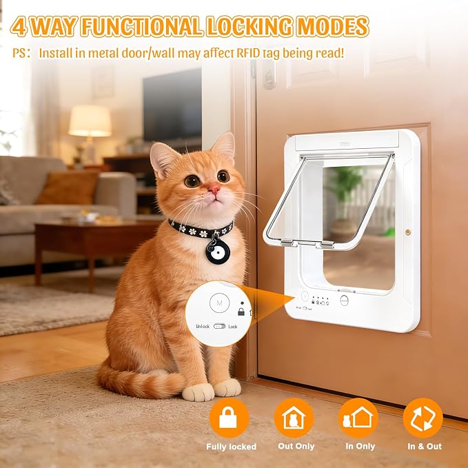 Smart Cat Door with 4 Collar Sensor Key, RFID Cat Door Collar Activated with Remote Control, 4 Way Locking Cat Flap Automatic Pet Door Interior & Exterior(White)