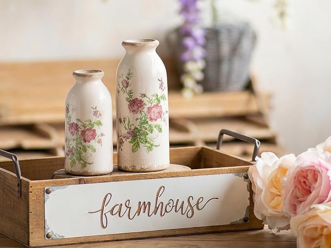 Teweiqi Ceramic Rustic Farmhouse Vase, Distressed Floral Pattern, Holds Water, With Handle, 7.8 inches