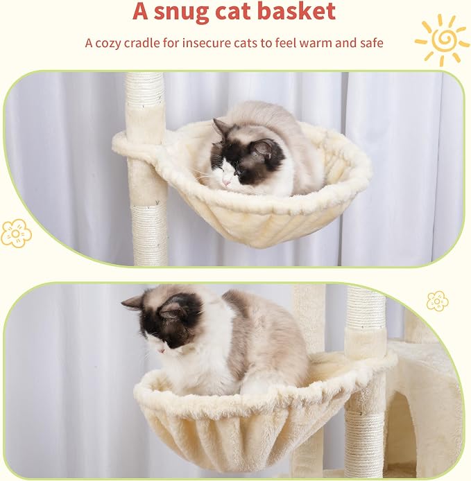 Hey-brother Cat Tree Tower with Stable Extended Base, 3 Platforms, MPJ038M | 70.9 Inches Multi-Level Sisal Scratching Posts, Wide Bed, 2 Cozy Condos, 2 Hammocks, Toy Balls for Indoor Cats, Beige