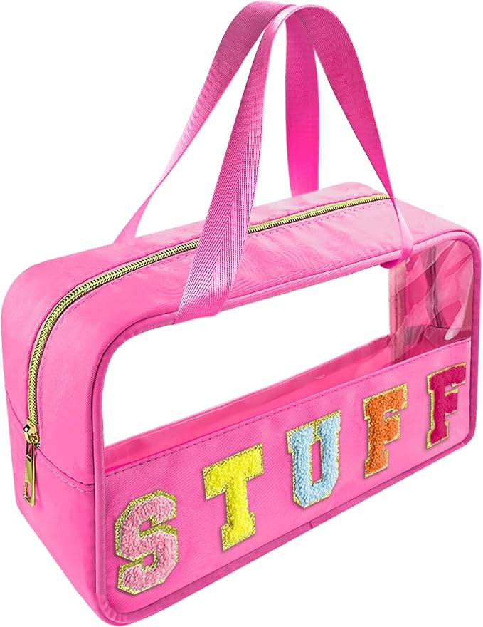 Bunliuys Chenille Letter Clear Makeup Bag Stuff Patch, Travel Toiletry Makeup Bag with Handle, Nylon Waterproof Makeup Bags clear cosmetic bag, preppy patch makeup bag for Women (STUFF-Hot Pink)