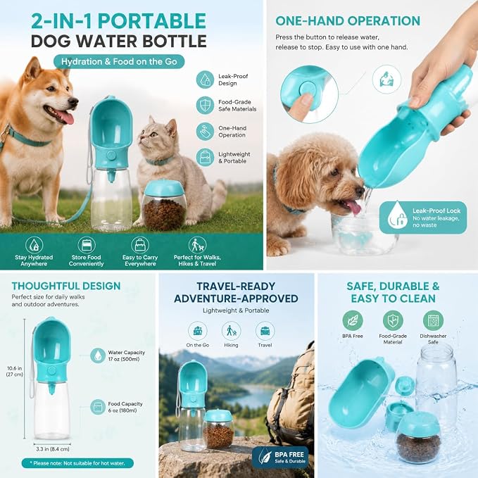 2-in-1 Dog Cat Portable Water & Food Travel Dispenser Bottle(Pink)