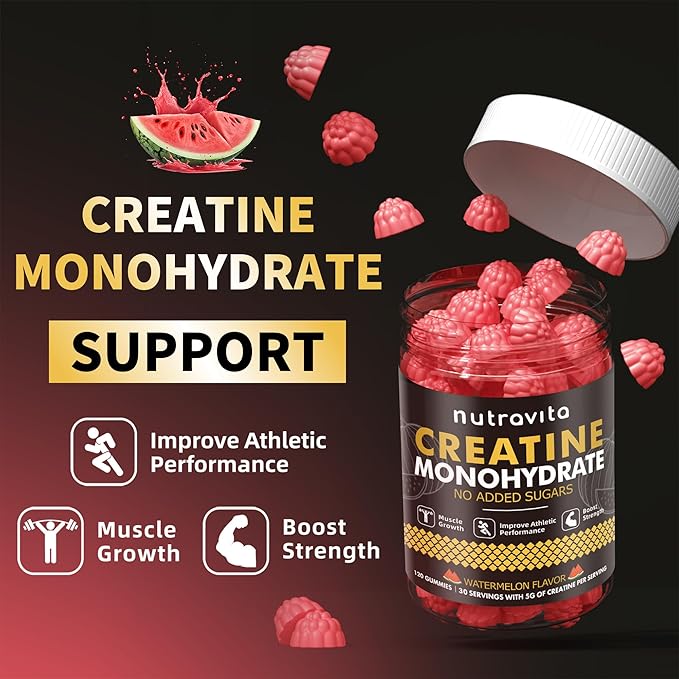 Nutravita Creatine Monohydrate Gummies for Men & Women, Creatine Monohydrate for Muscle Strength, Muscle Builder, Energy Boost, Pre-Workout Supplement(120 Count)-Watermelon Flavor