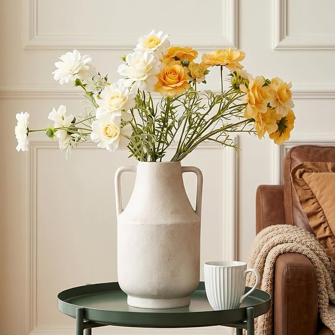 Ceramic Flower Vase with Handles, 11in Tall White Vases for Centerpieces | Waterproof Large Decorative Terracotta Vases for Home Decor, Living Room,Table, Handcrafted (White)