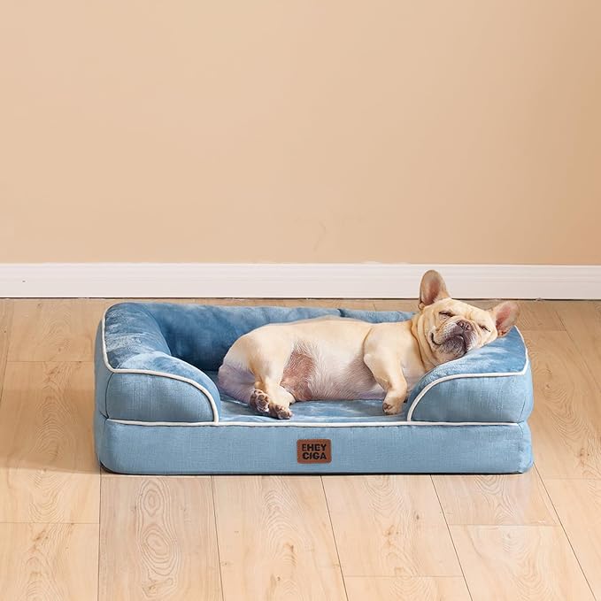 EHEYCIGA Orthopedic Dog Beds Large Sized Dog, Waterproof Washable Pet Bed | Non-Slip Bottom and Egg-Crate Memory Foam Dog Couch Bed with Washable Removable Cover, Washed Blue