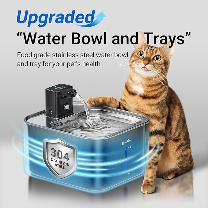 DownyPaws Cat Water Fountain Stainless Steel Wireless Automatic, Black | Cordless Battery Operated Pet Water Fountain, 101 Oz/3L Water Fountain for Cats Drinking with Motion Sensor