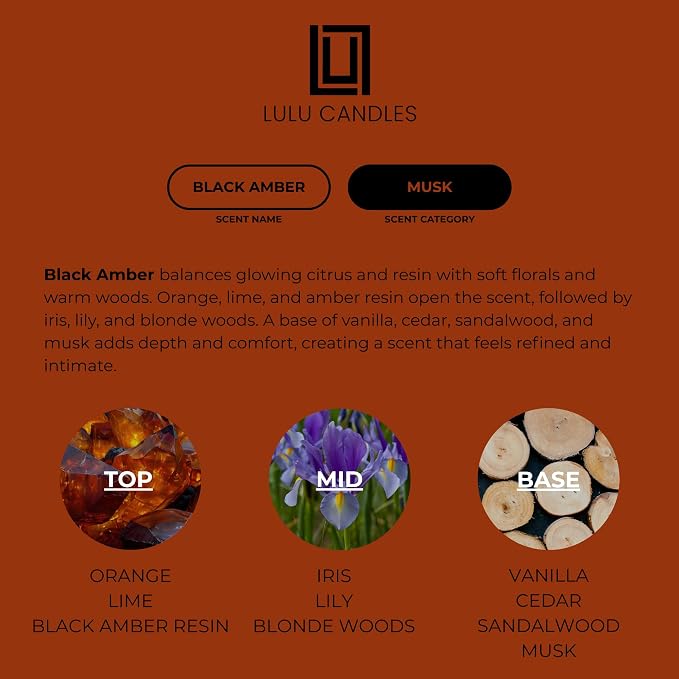 Lulu Candles | Warm Amber Candle | Luxury Scented Soy Jar Candle | Hand Poured in The USA | Highly Scented & Long Lasting (9 Oz., Black Amber)