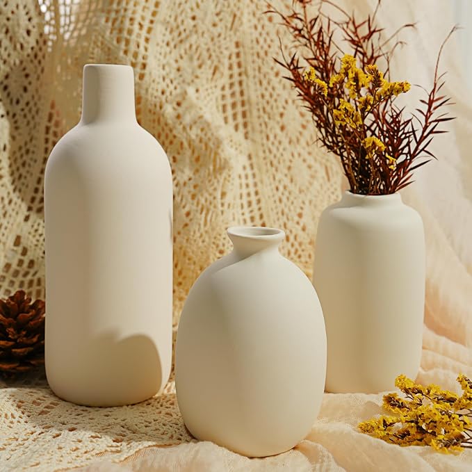 Small White Ceramic Vase Set of 10 Ceramic Bud Vases in Bulk Farmhouse Vase | for Pampas Grass Boho, Flowers, Decorative Modern Ceramic White Flower Vases for Home Decor, Entryway Table Decor