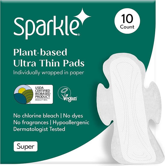 Sparkle Sanitary Pads for Women, Plant-Based Ultra Thin Pads with Wings | Feminine Pads | Organic Pads | Period Pad Softer Than Cotton Pads, Medium Absorbency, Unscented (Super Pads, 10 Count)