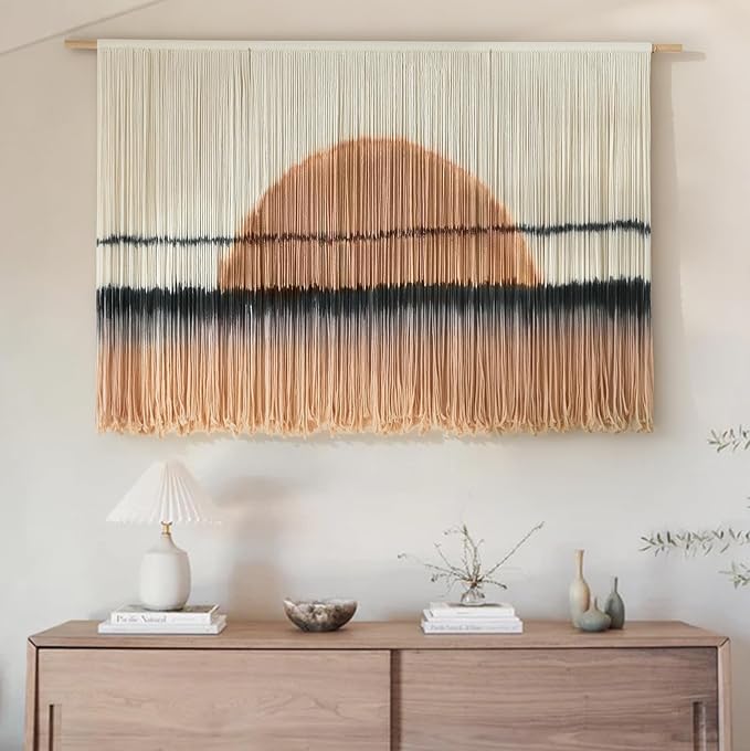Macrame Wall Hanging Dip Dye Sunset Boho Wall Decor Fiber Art 57" W*35" L | Fiber Wall Art, Hand Dyed Wall Hanging, for Bedroom Living Room Office Dorm Room Accent, Aesthetic Home Style, Boho Decor