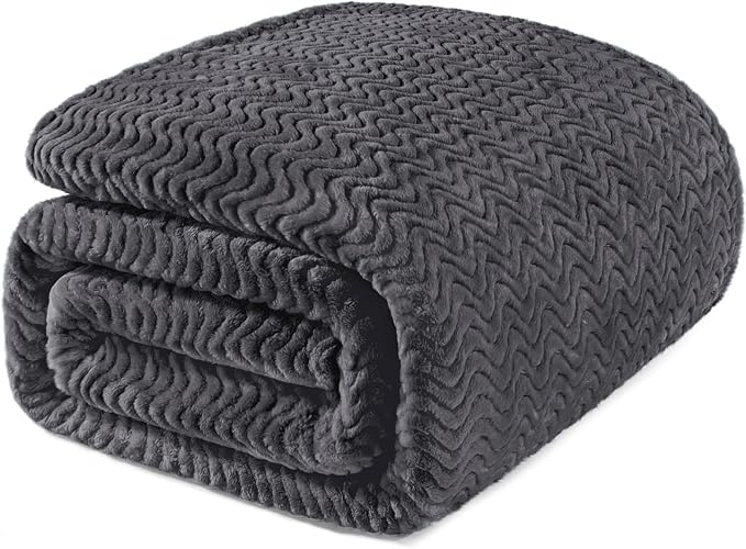 Exclusivo Mezcla Soft Fleece Blanket Twin Size for Bed, Sofa, Dark Grey | 90"x66" Breathable Lightweight Flannel Blanket for Summer, Plush Cozy Jacquard Wave for Home Decor