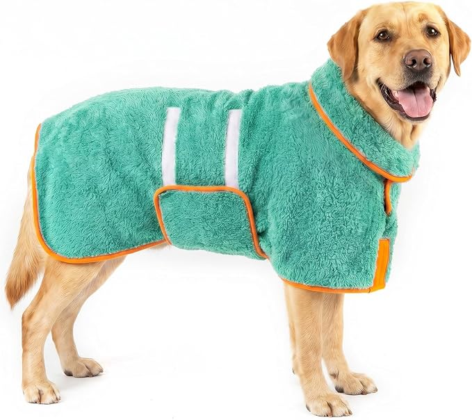 Dog Bathrobe, Super Absorbent for Small to Large Dogs, Lake Green L | Dog Robes with Soft Fleece, Warm & Cozy, Adjustable Fit, and Quick Drying Coat for Baths Swimming and Grooming